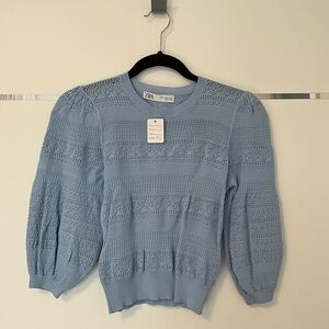Zara Powder Blue Openwork Puff-Sleeve Knit Sweater